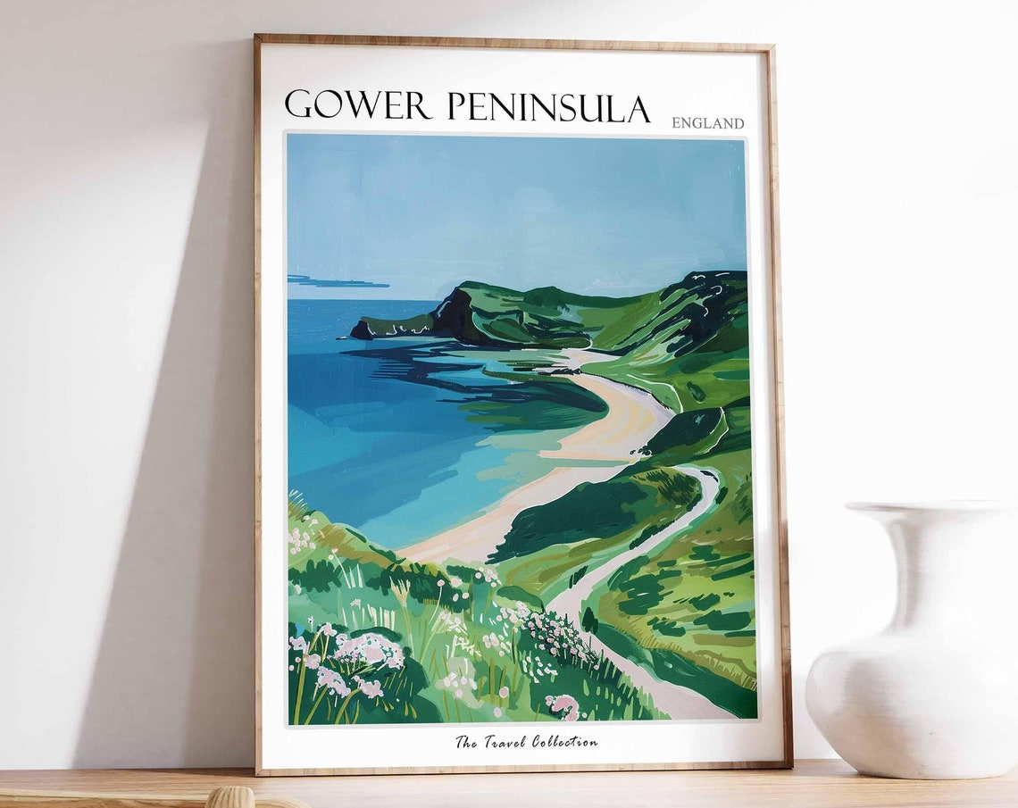 Gower Peninsula Curved Bay Travel Poster Green Headland Beach Art