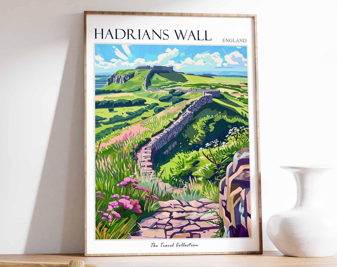 Hadrians Wall England Green Hill Travel Poster Ancient Wall Fort Art