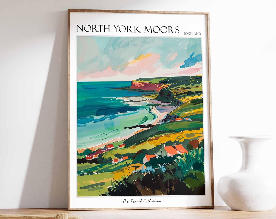 North York Moors England Coastal Cliffs Bay Cottages Scene Poster