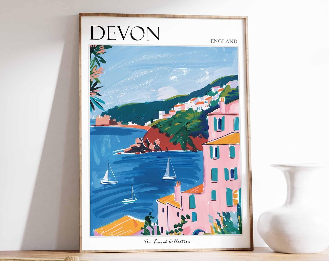 Devon England Pink Cliff Buildings Sailboat Bay Travel Poster