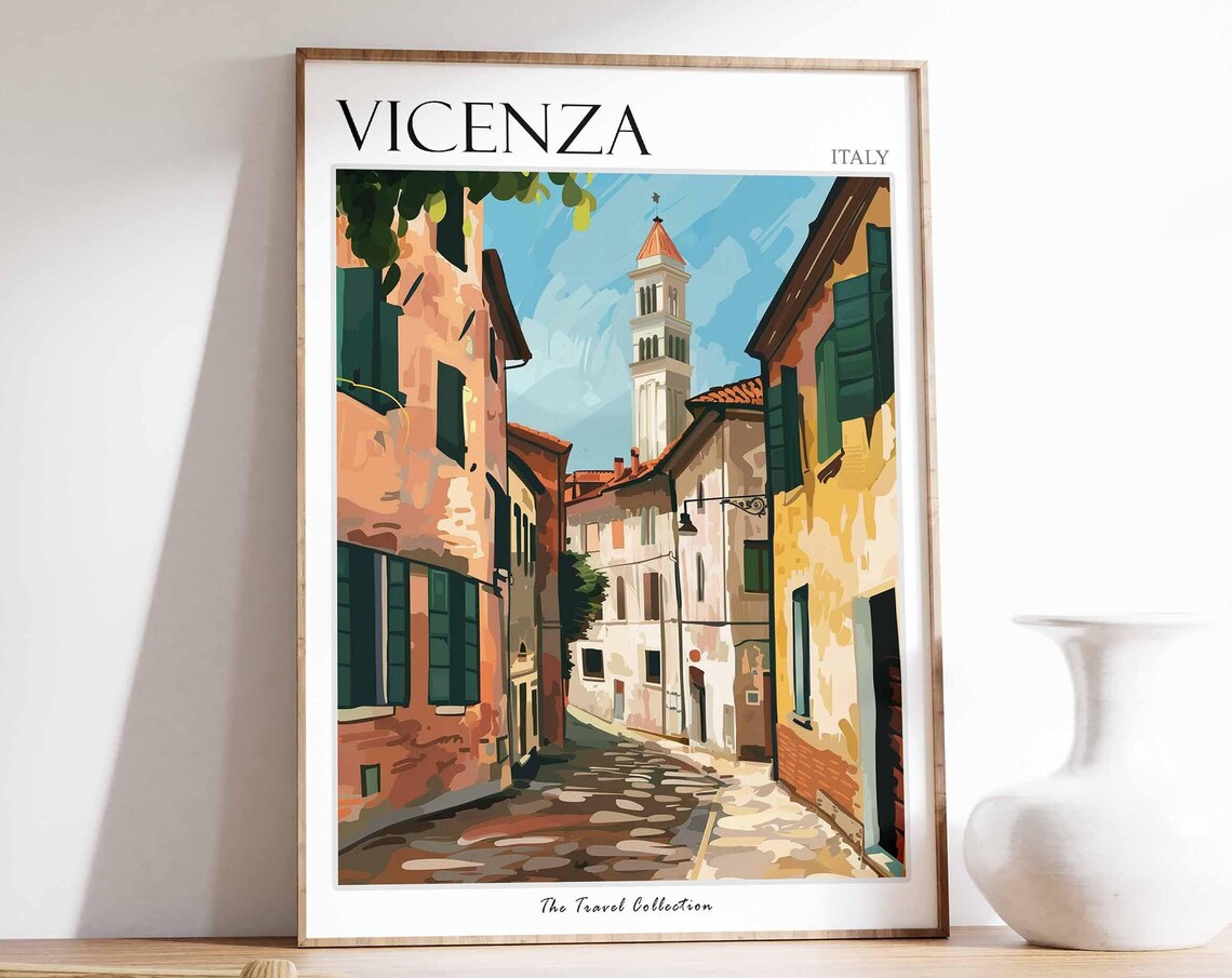Vicenza Italy Bell Tower Old Town Street Scene Travel Poster