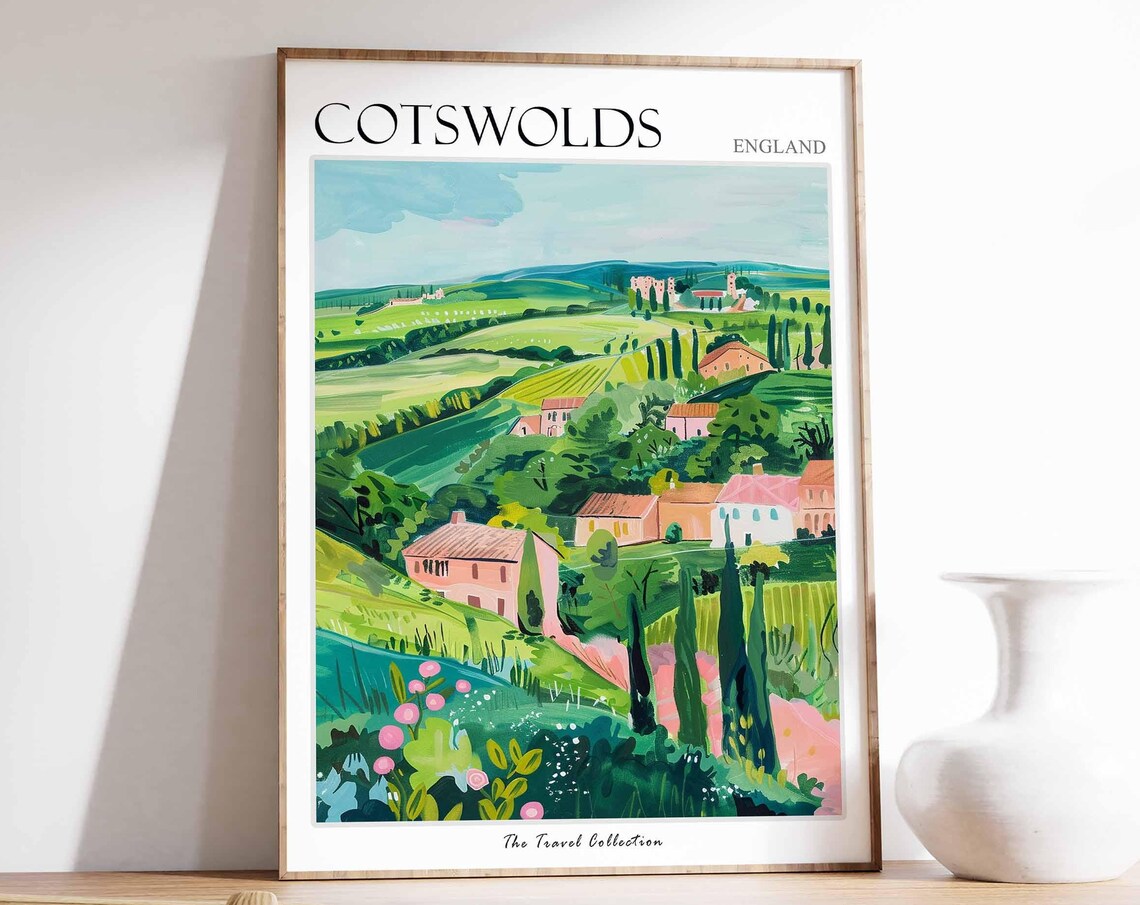 Cotswolds England Pink Cottages Cypress Green Hills Scenic Poster