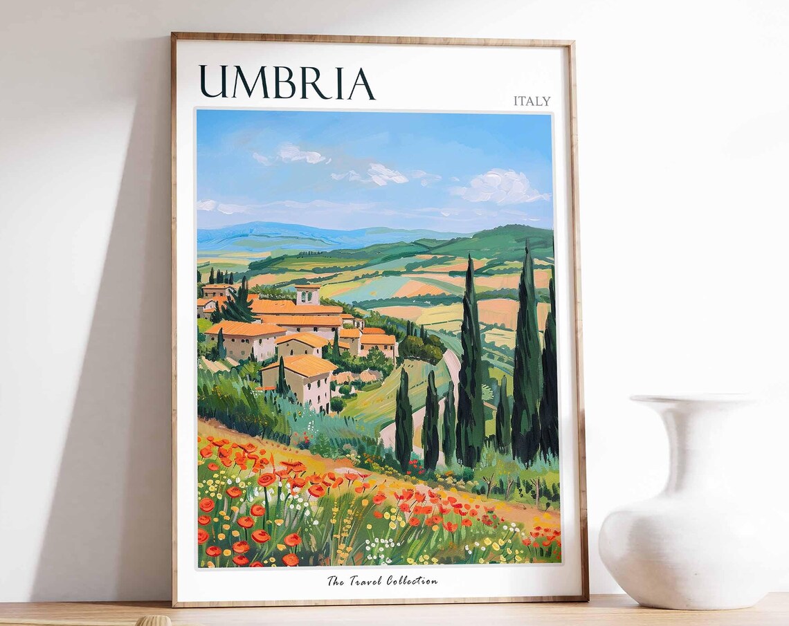 Umbria Italy Hilltop Town Travel Poster with Poppy Field Foreground