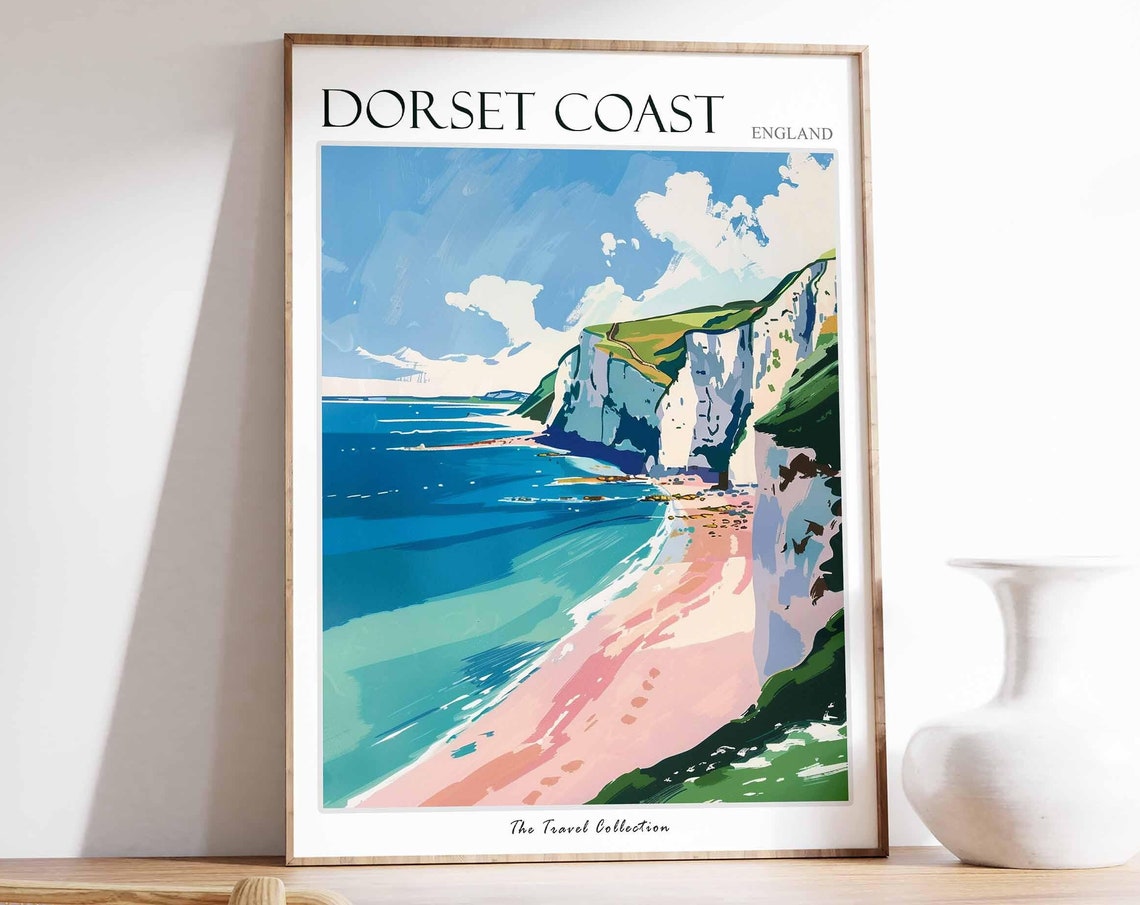 Dorset Coast England White Cliffs Travel Poster Pink Beach Sea Art