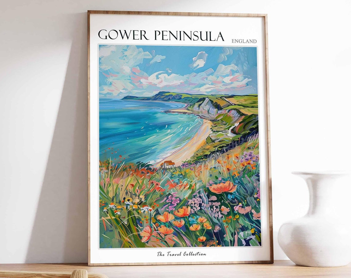 Gower Peninsula England Coastal Bay Wildflower Meadow Painting Poster