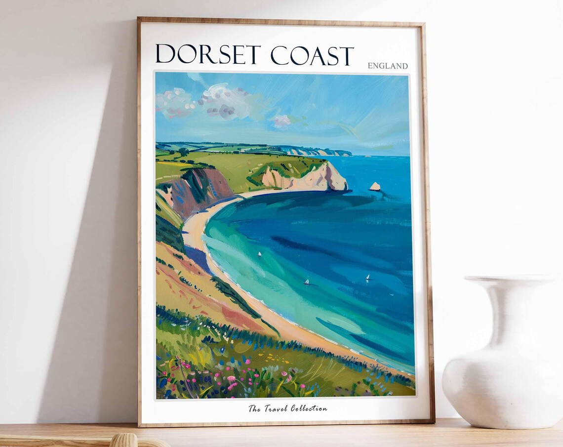Dorset Coast England Curving Bay Cliffs Wildflower Travel Poster