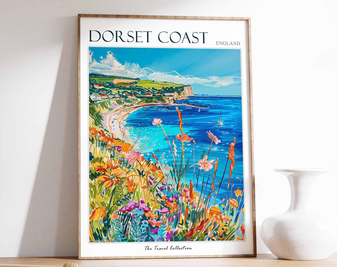 Dorset Coast England Bay Overlook Wildflower Cliffs Travel Poster
