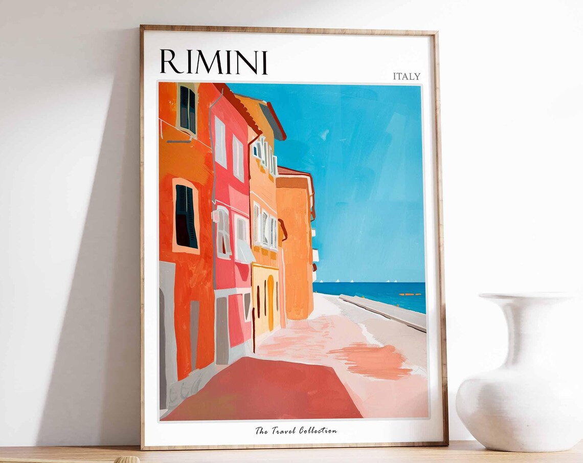 Rimini Italy Minimalist Pink Waterfront Buildings Travel Poster