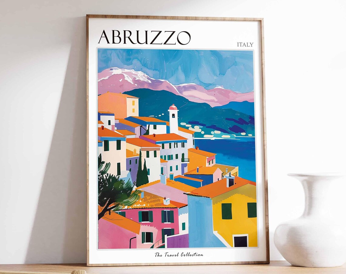 Abruzzo Italy Lakeside Village Pink Mountains Art Travel Poster