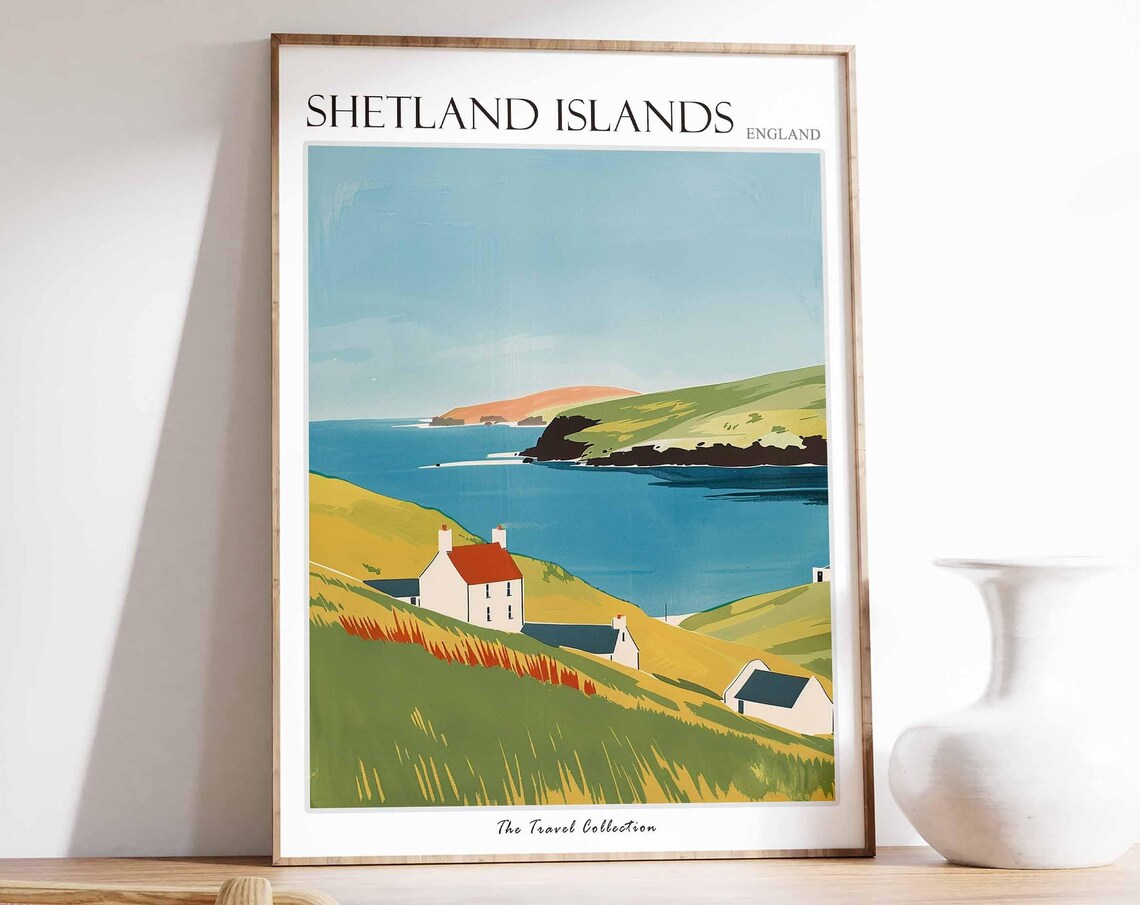 Shetland Islands Red Roof House Golden Hillside Sea Travel Poster