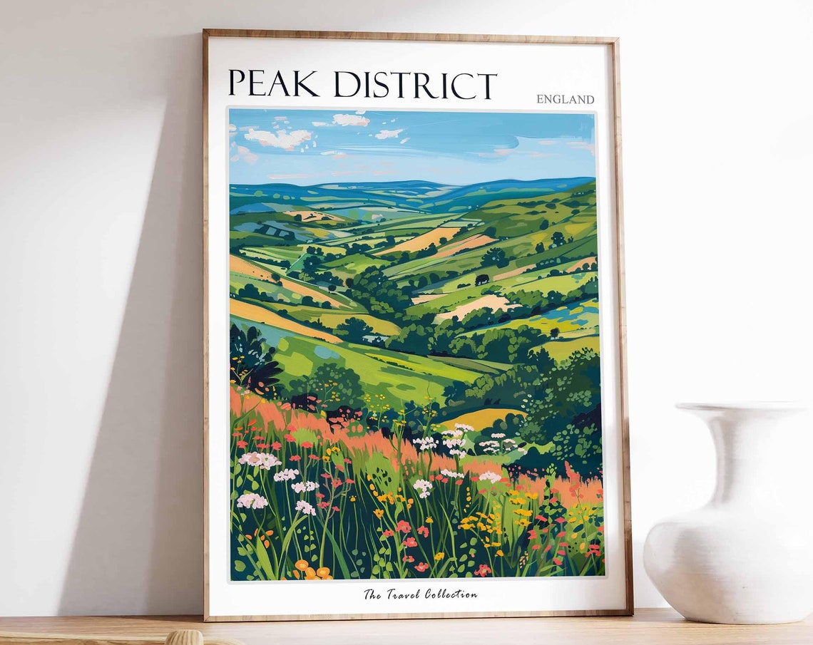 Peak District Wildflower Meadow Rolling Hills Scene Travel Poster