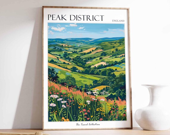 Peak District Wildflower Meadow Rolling Hills Scene Travel Poster