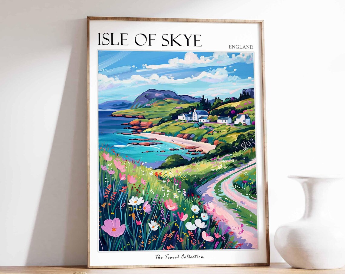 Isle of Skye Coastal Path Travel Poster Wildflowers Cottages Sea Art