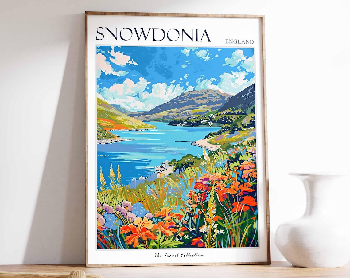 Snowdonia Blue Lake Orange Wildflower Meadow River View Poster