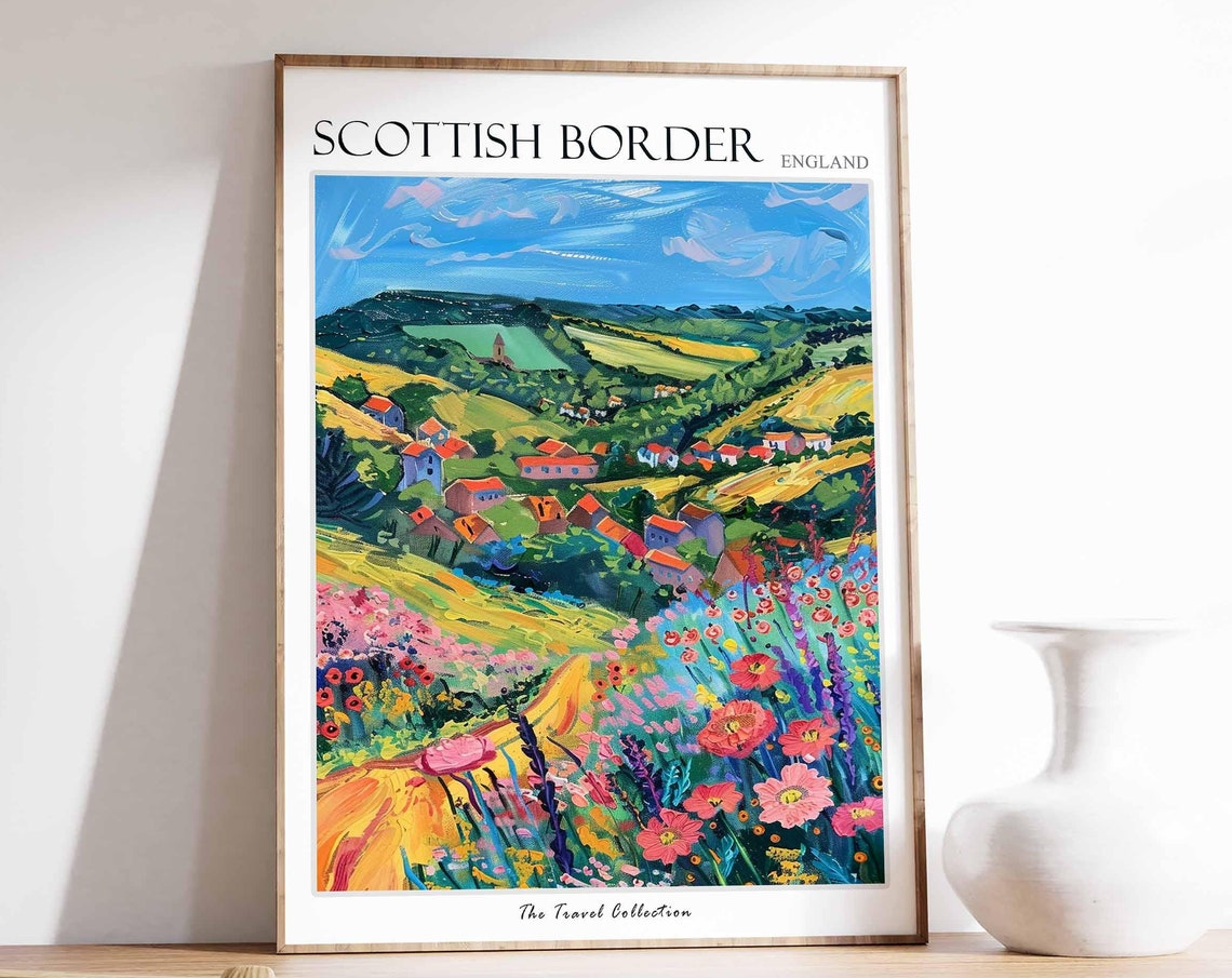 Scottish Borders Red Roof Village Wildflower Meadow View Poster