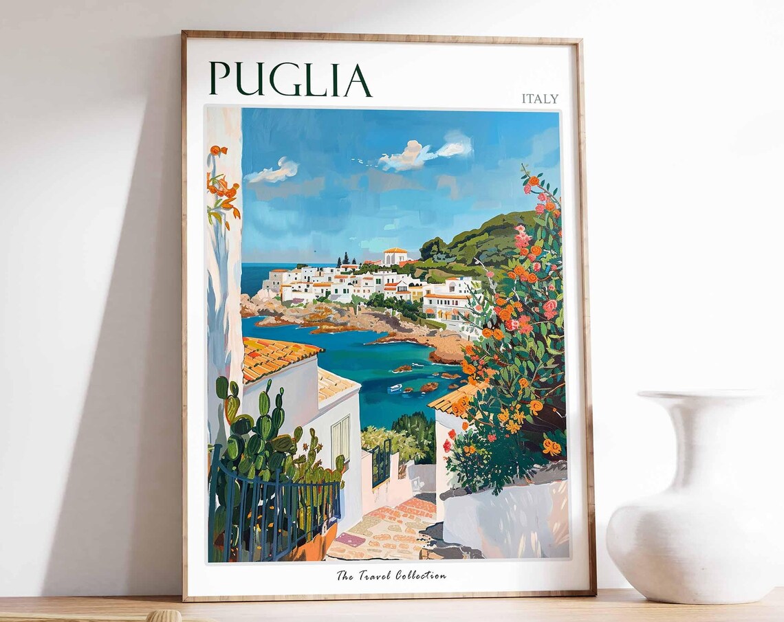 Puglia Italy White Coastal Village Blue Sea Scenic Travel Poster