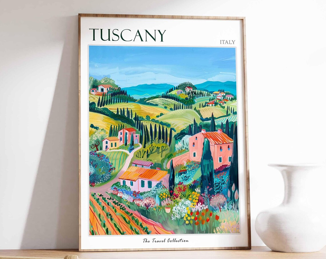 Tuscany Italy Rolling Hills Travel Poster with Colorful Farmhouses