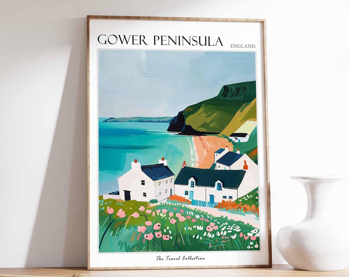 Gower Peninsula White Cottages Travel Poster Turquoise Bay Coastal Art