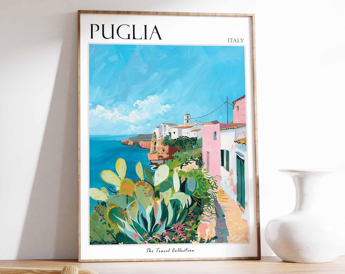 Puglia Italy Cliffside Village Blue Sea Cactus Garden Poster