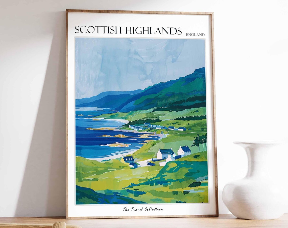 Scottish Highlands Blue Bay Cottage Hillside Coast Travel Poster