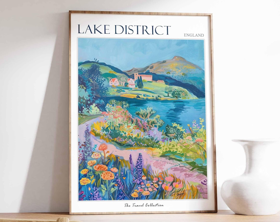 Lake District England Mountain Lake Flowers Travel Collection Poster