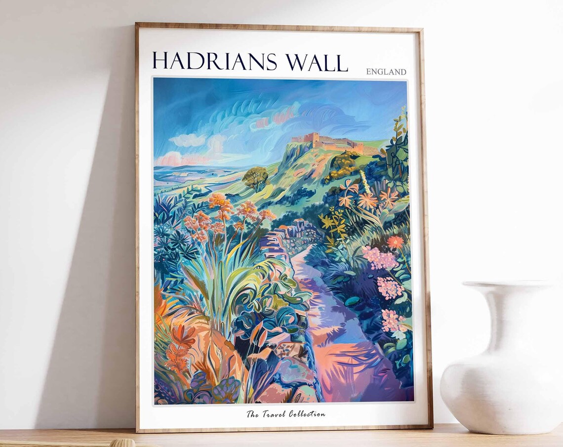 Hadrians Wall England Wildflower Path Travel Poster Hillside Fort Art