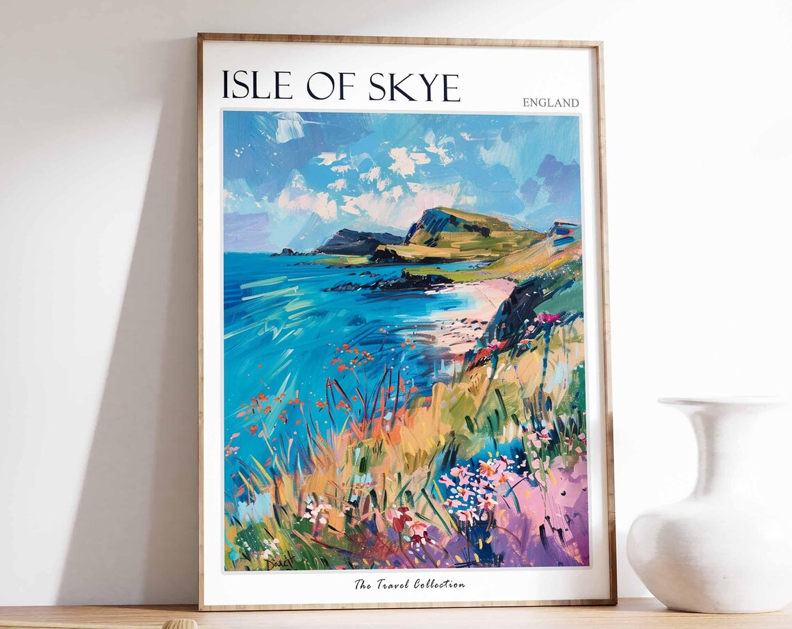 Isle of Skye Rocky Coast Travel Poster Wildflowers Turquoise Sea Art