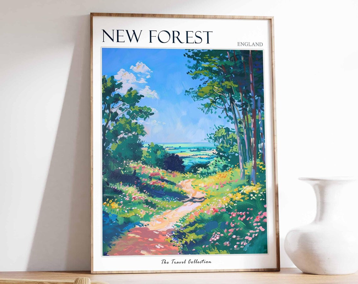New Forest Flower Lined Woodland Path Valley View Travel Poster
