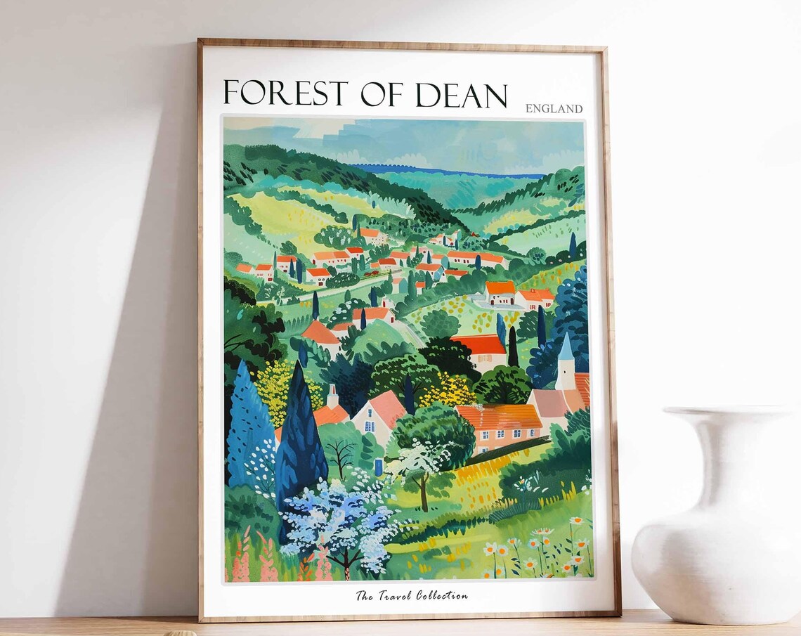 Forest of Dean England Colorful Village Hills View Travel Poster