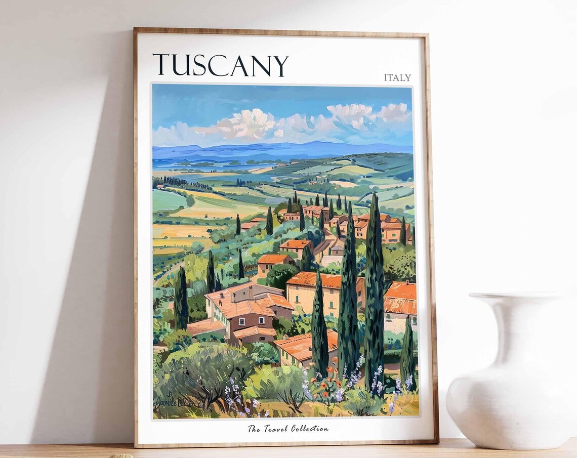 Tuscany Italy Hill Town Travel Poster with Cypress Trees and Valley