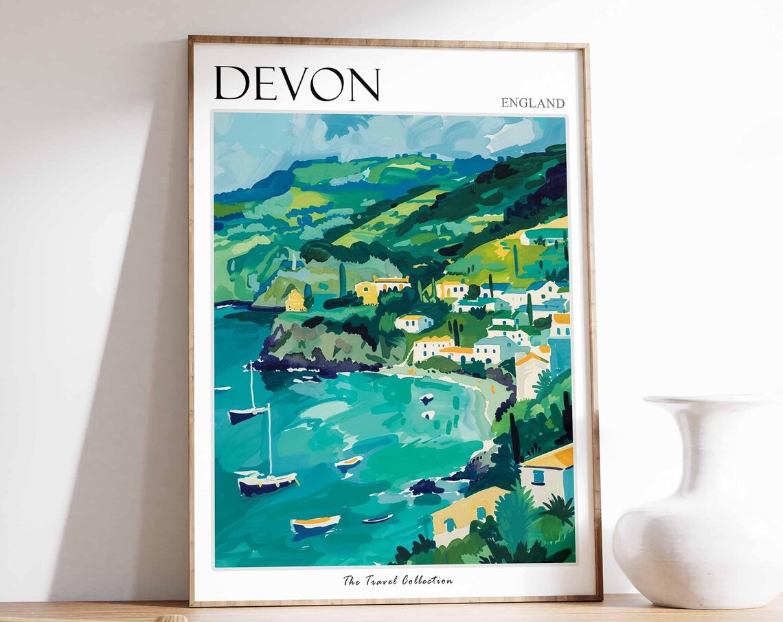 Devon England Turquoise Bay Sailboats Green Hills Travel Poster