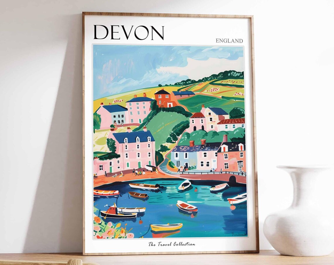Devon England Fishing Village Harbor Boats Colorful Travel Poster