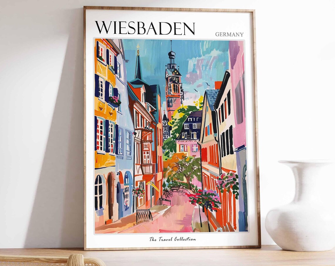 Wiesbaden Germany Colorful Old Town Street Clock Tower Travel Poster