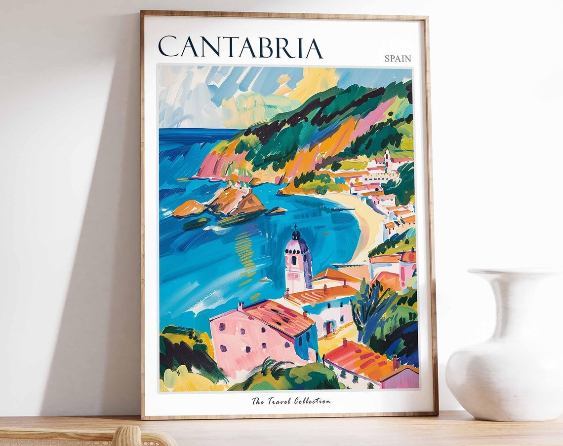 Cantabria Cliffside Cove Fishing Village Spain Travel Poster