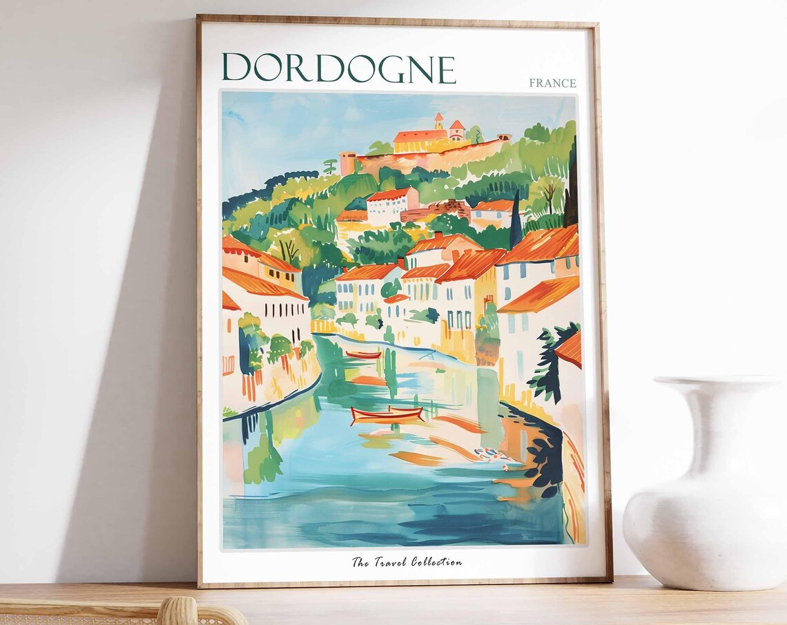 Dordogne France Riverside Village Boats River View Travel Poster