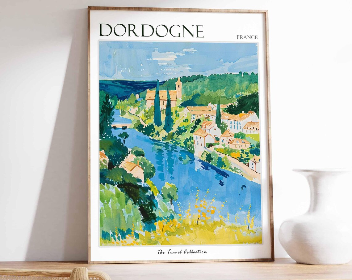 Dordogne France River Village Church Riverside Scene Travel Poster