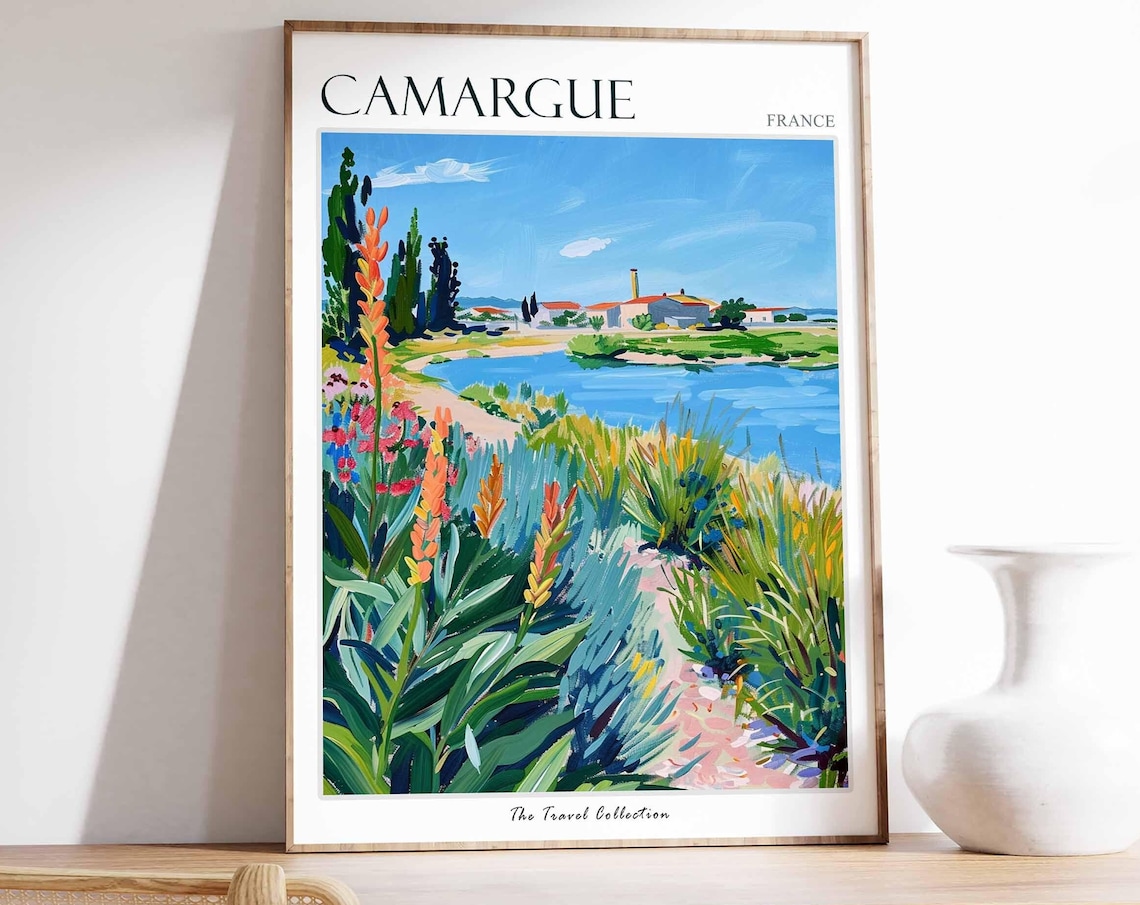 Camargue France River Marsh Red Wildflowers Village Scene Poster