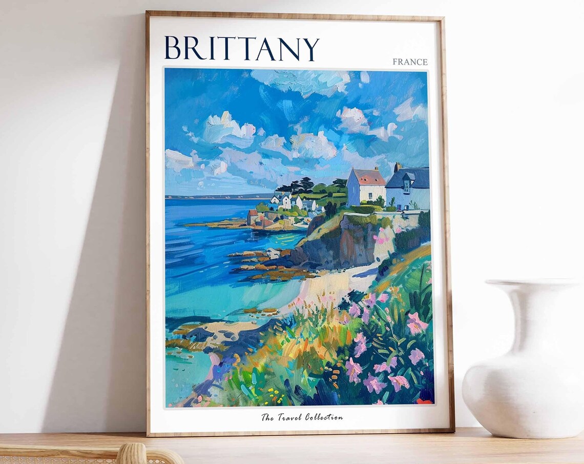 Brittany France Rocky Coast Village Colorful Painting Travel Poster
