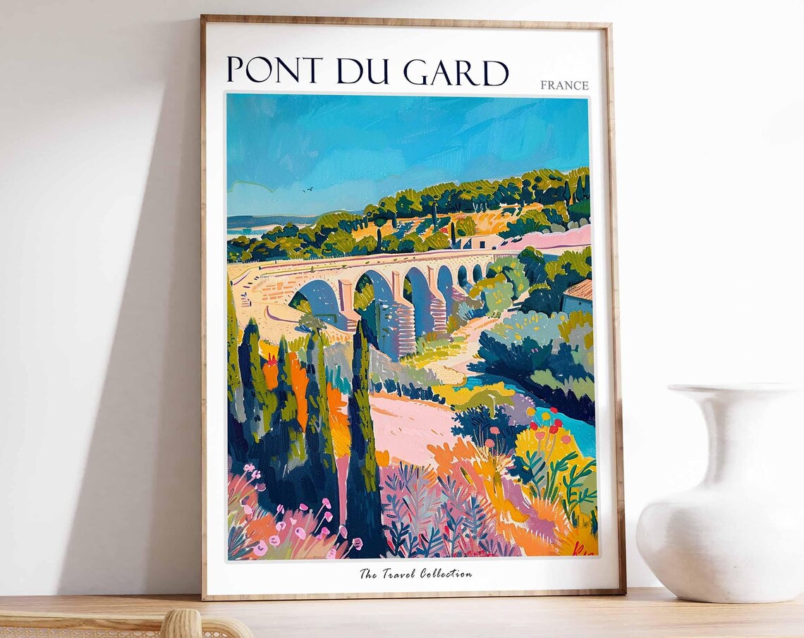 Pont du Gard France Hillside Roman Aqueduct Painting Travel Poster