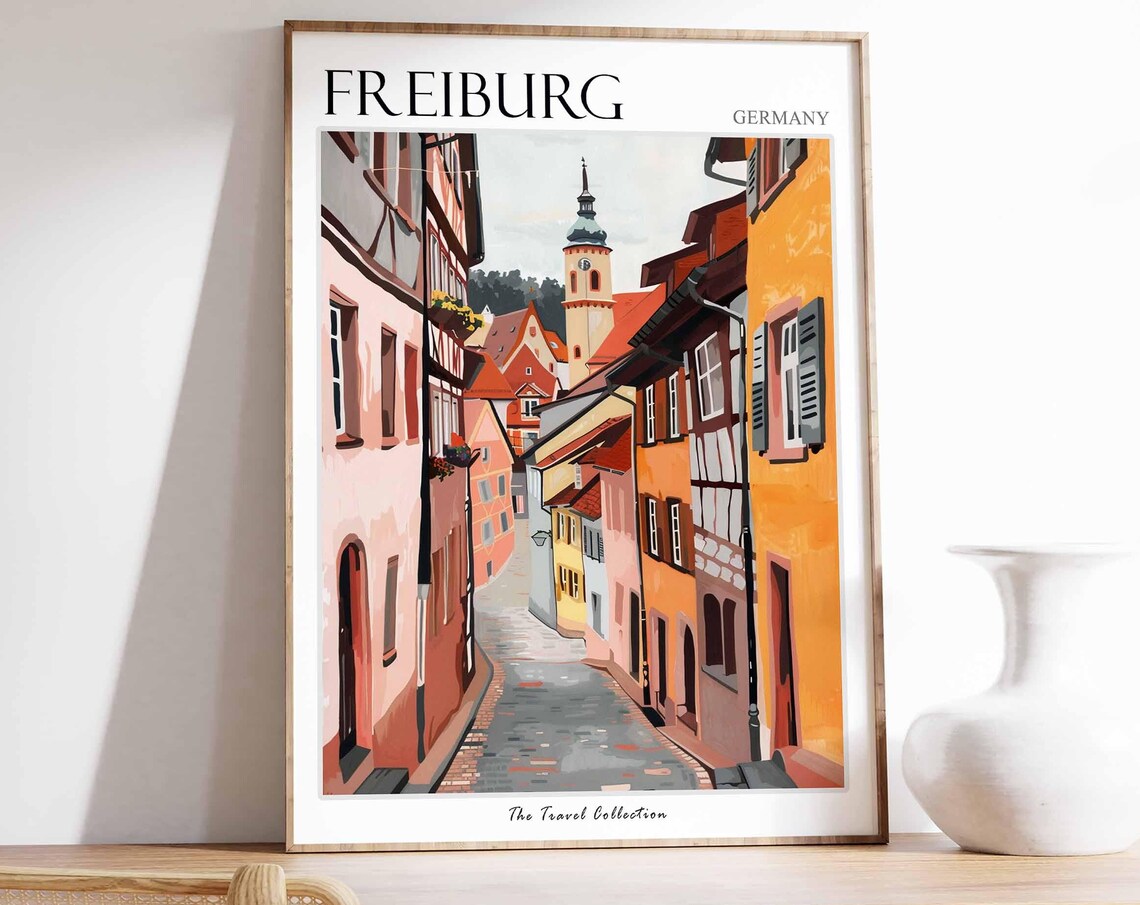 Freiburg Germany Old Town Cobbled Street Church Tower Travel Poster