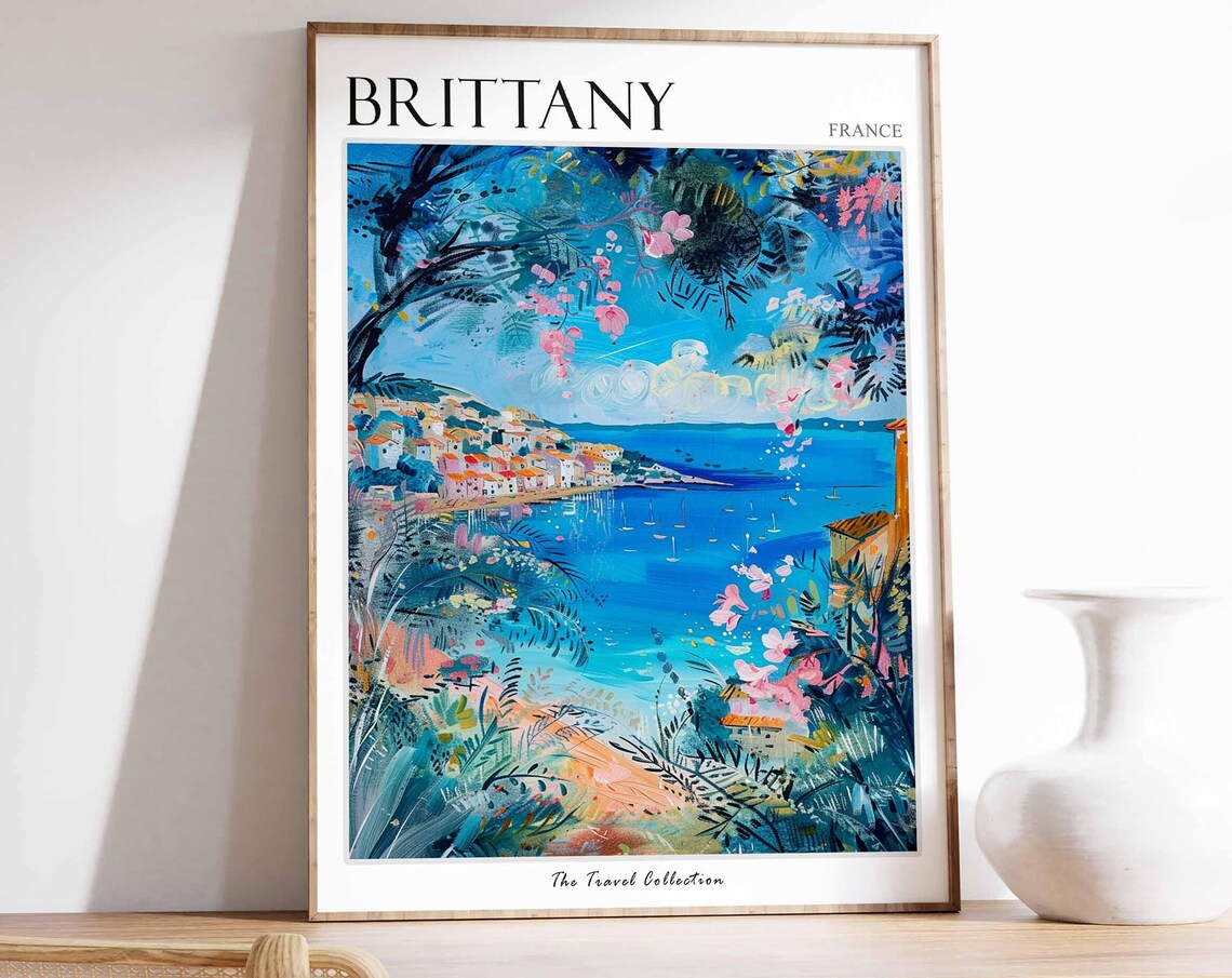 Brittany France Coastal Village Sea View Flowering Trees Poster