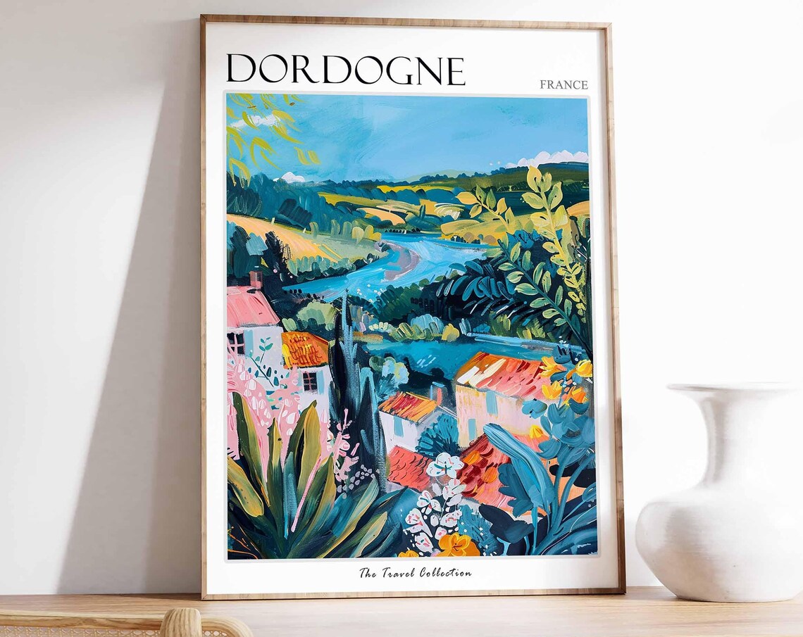 Dordogne France Valley River Red Roof Houses Floral Travel Poster