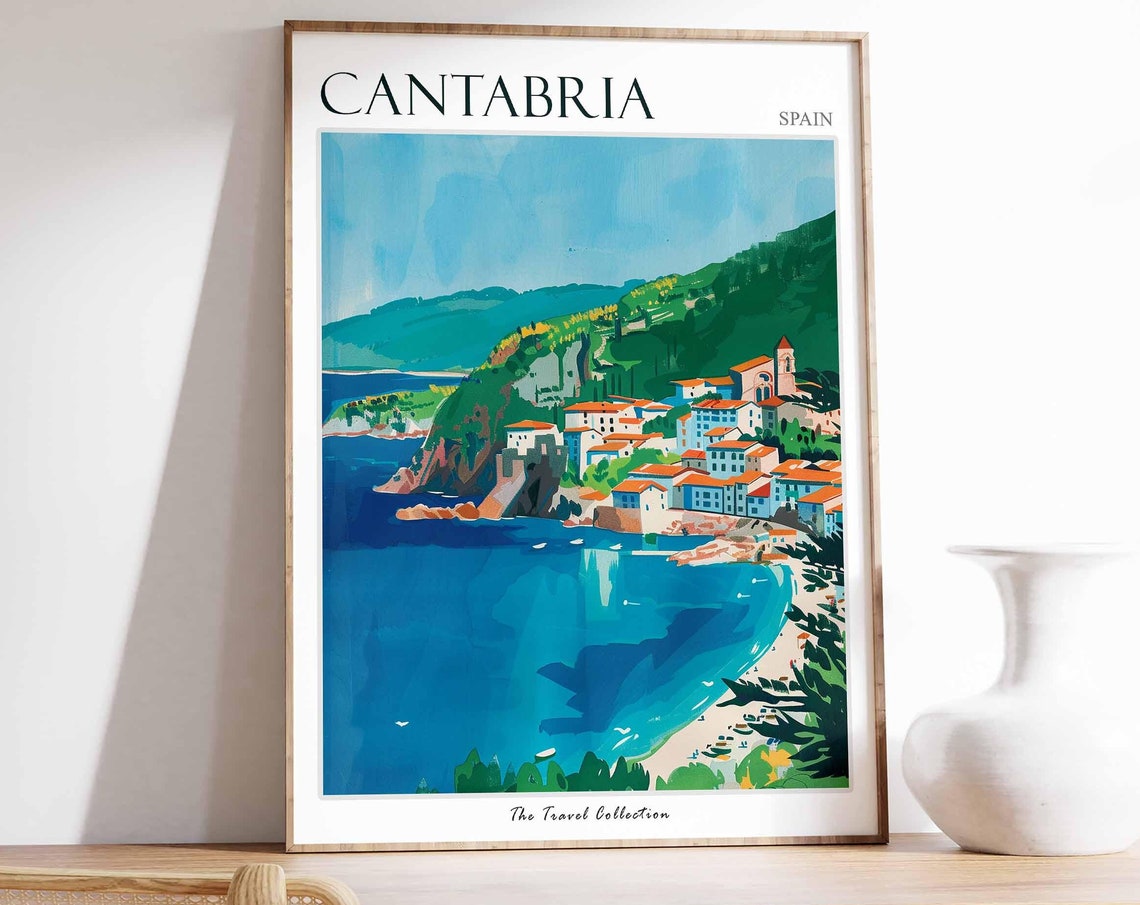Cantabria Crescent Beach Green Rocky Cliffs Spain Travel Poster