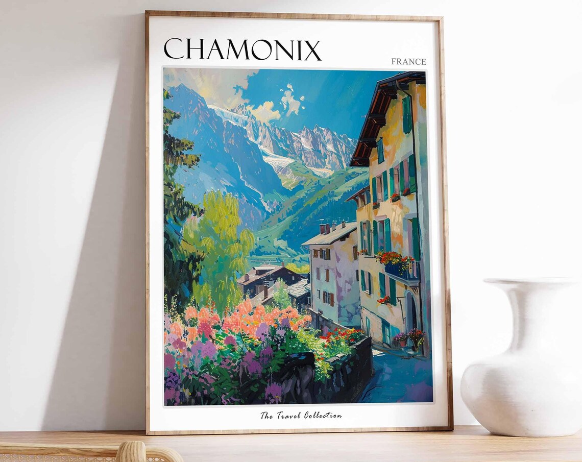 Chamonix France Alpine Town Flower Gardens Snowy Peak Poster