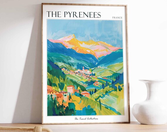 The Pyrenees Poster France Travel Print French Decor Europe Travel Poster European Wall Art Mountain Print The Pyrenees Travel Poster