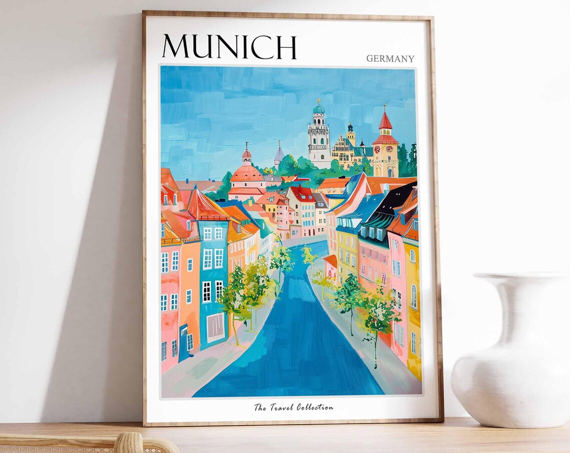 Munich Germany Historic Street Yellow Facades Church Tower Poster