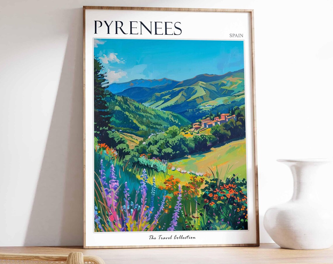 Pyrenees Mountain Village Wildflowers Meadow Spain Travel Poster