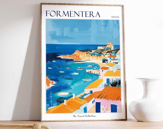Formentera Sailboat Harbor Old Town Rooftops Spain Travel Poster