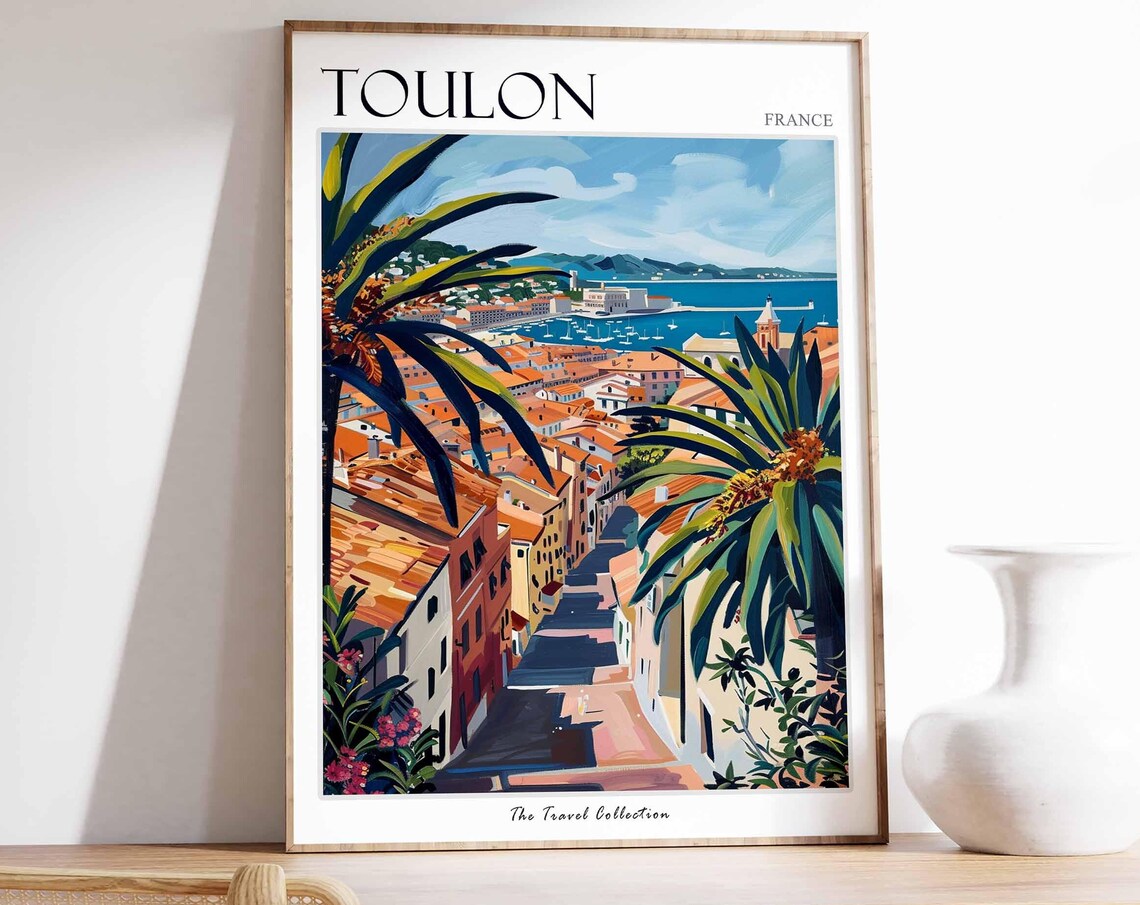 Toulon France Rooftop Harbor View Palms Painted Travel Poster