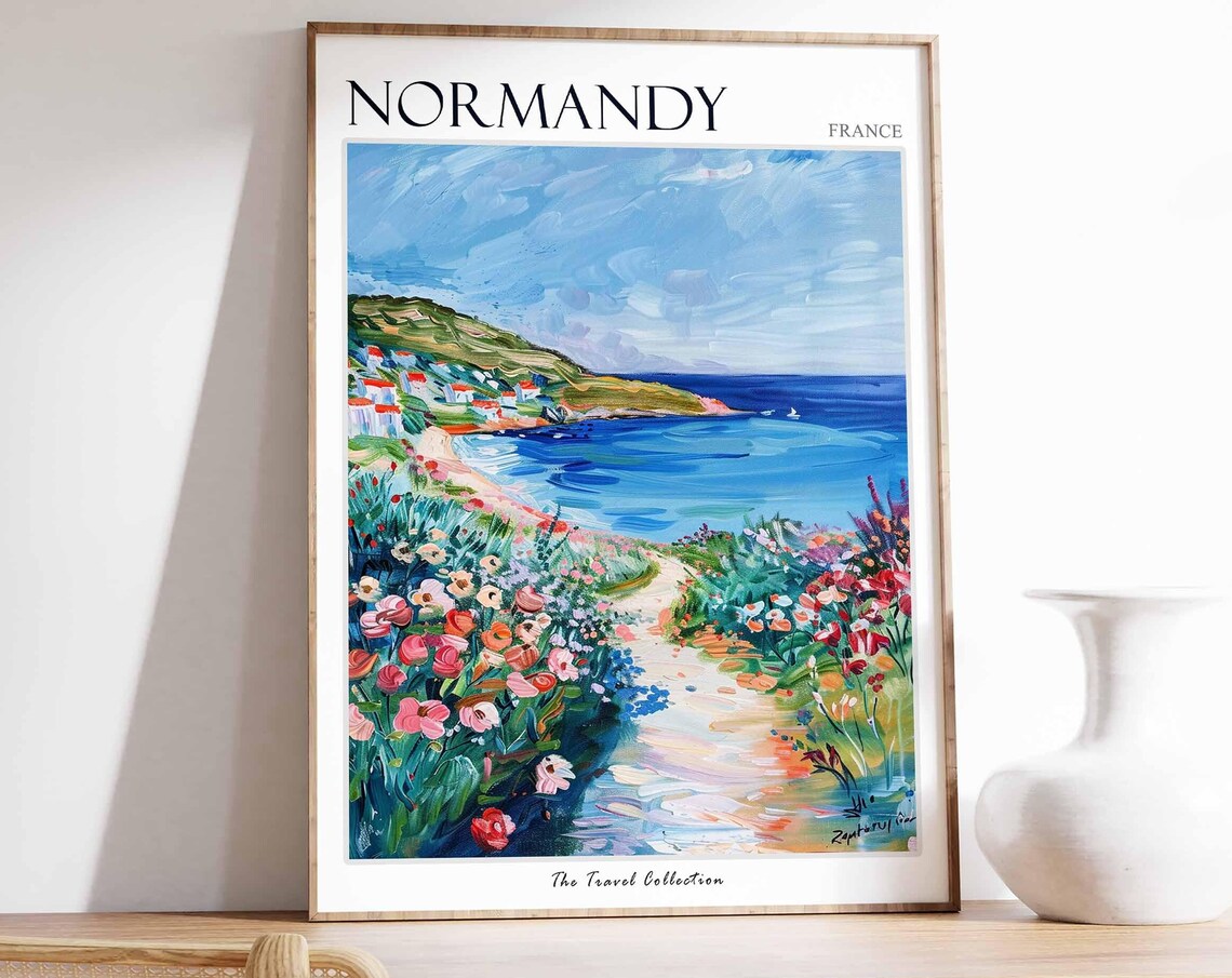 Normandy France Wildflower Path Beach Cove Painting Travel Poster